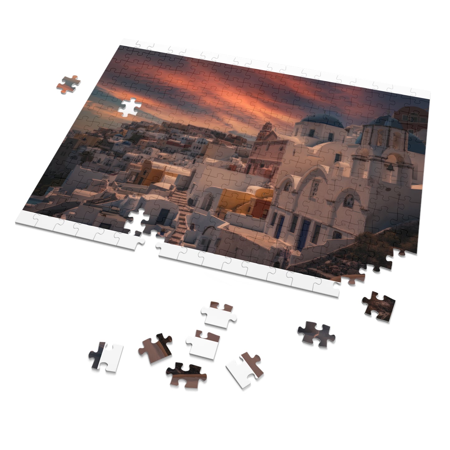 Santorini Sunset Jigsaw Puzzle, Oia Greece Blue Dome Game, Dreamy Mediterranean Sky Art, Greek Island Travel Gift, Aesthetic Scenic Puzzle