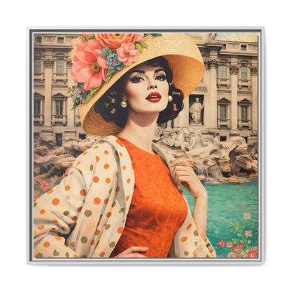 Elegant glamorous vintage woman in Rome front of Trevi Fountain, retro Italian travel fashion illustration,Framed Matte Canvas Art