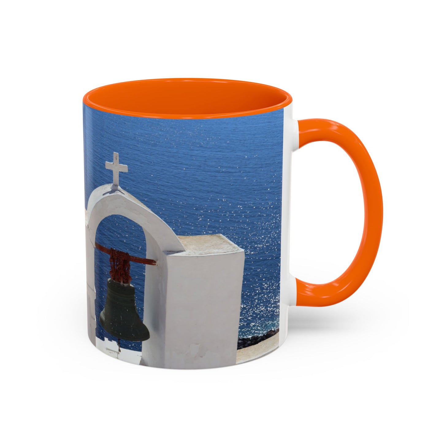 Santorini Bell Towers coffee mug | Greek island scene, blue sea accent mug