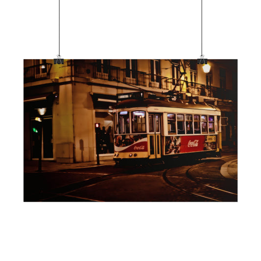 Lisbon Night Tram Poster, Portugal Cityscape Wall Art, Moody Urban Photography Print, European Street Scene Decor, Vintage Tramway Wall Art