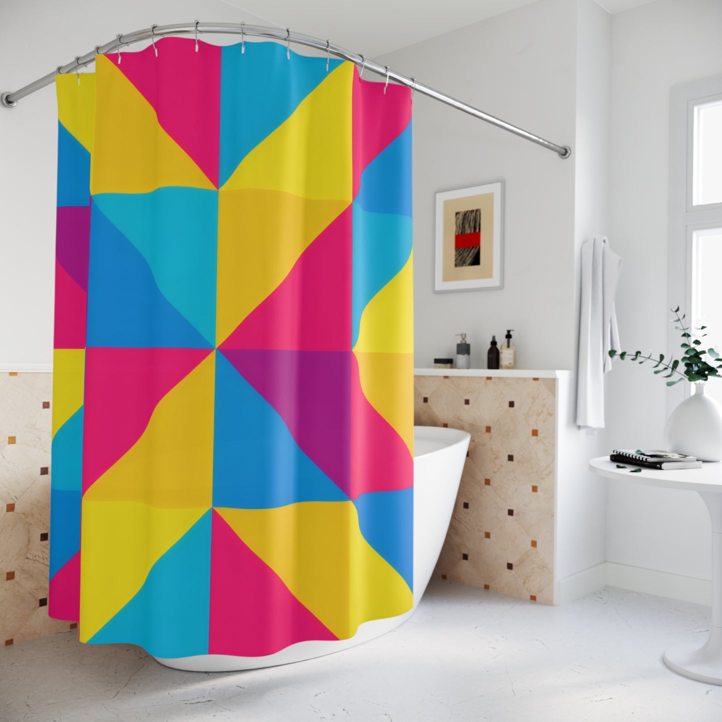 Geometric Color Block Shower Curtain — Bright Modern Bathroom Decor