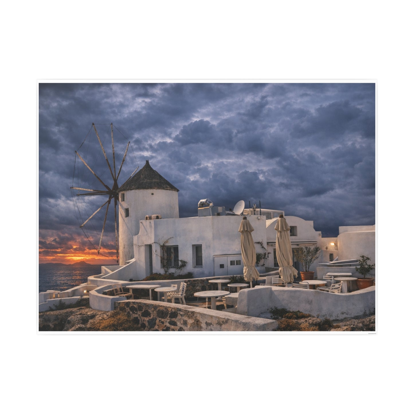 Oia Santorini Windmill Sunset Poster — Mediterranean Landscape Photo Art Print