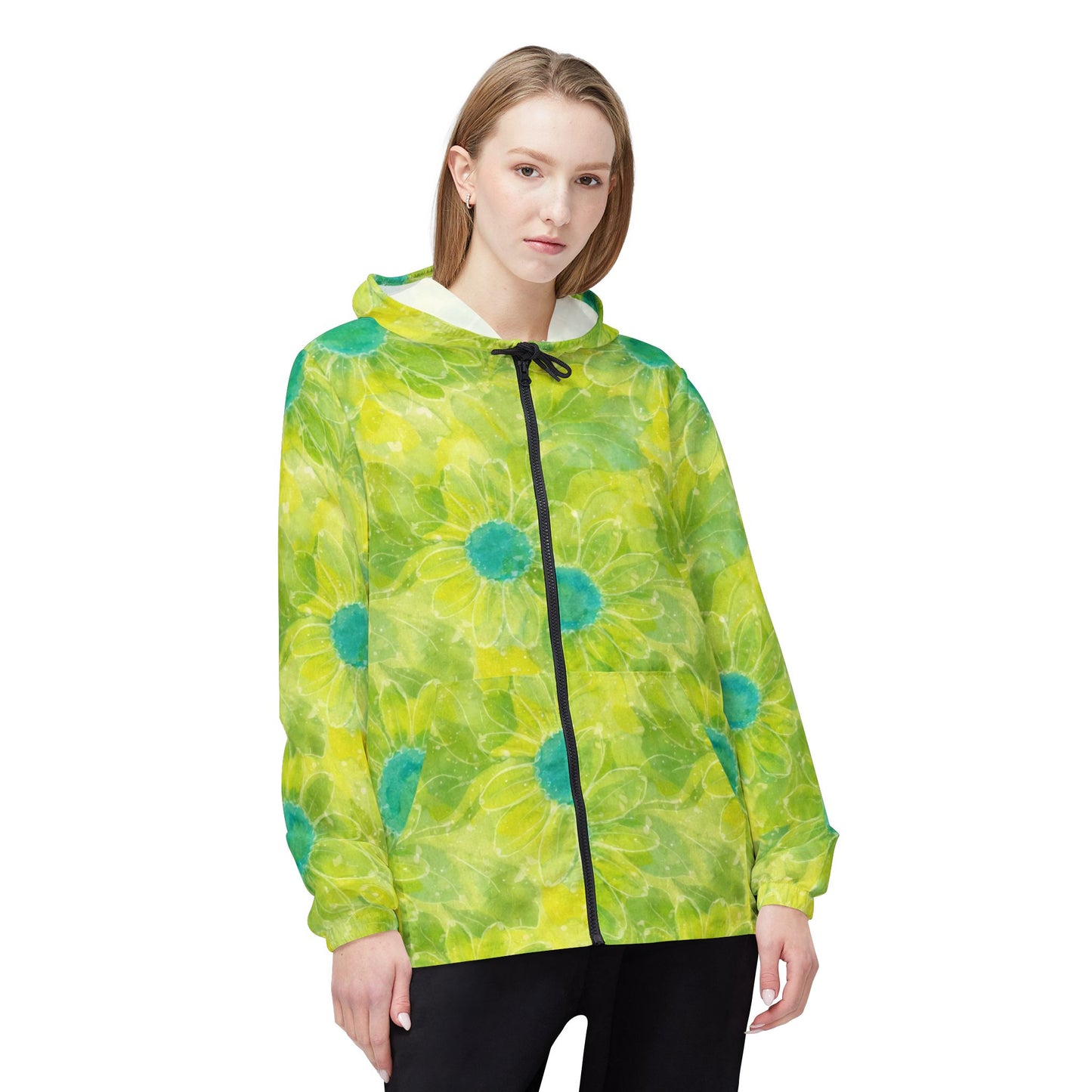 Floral Tie-Dye Windbreaker Jacket — Bright Lime Green Daisy All-Over Print