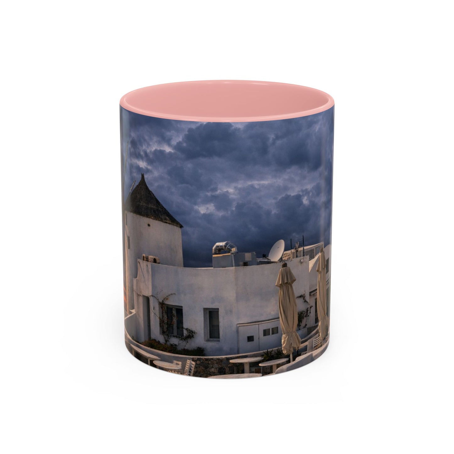 Santorini Windmill Storm Coffee Mug | Dramatic Sky Greek Travel Gift