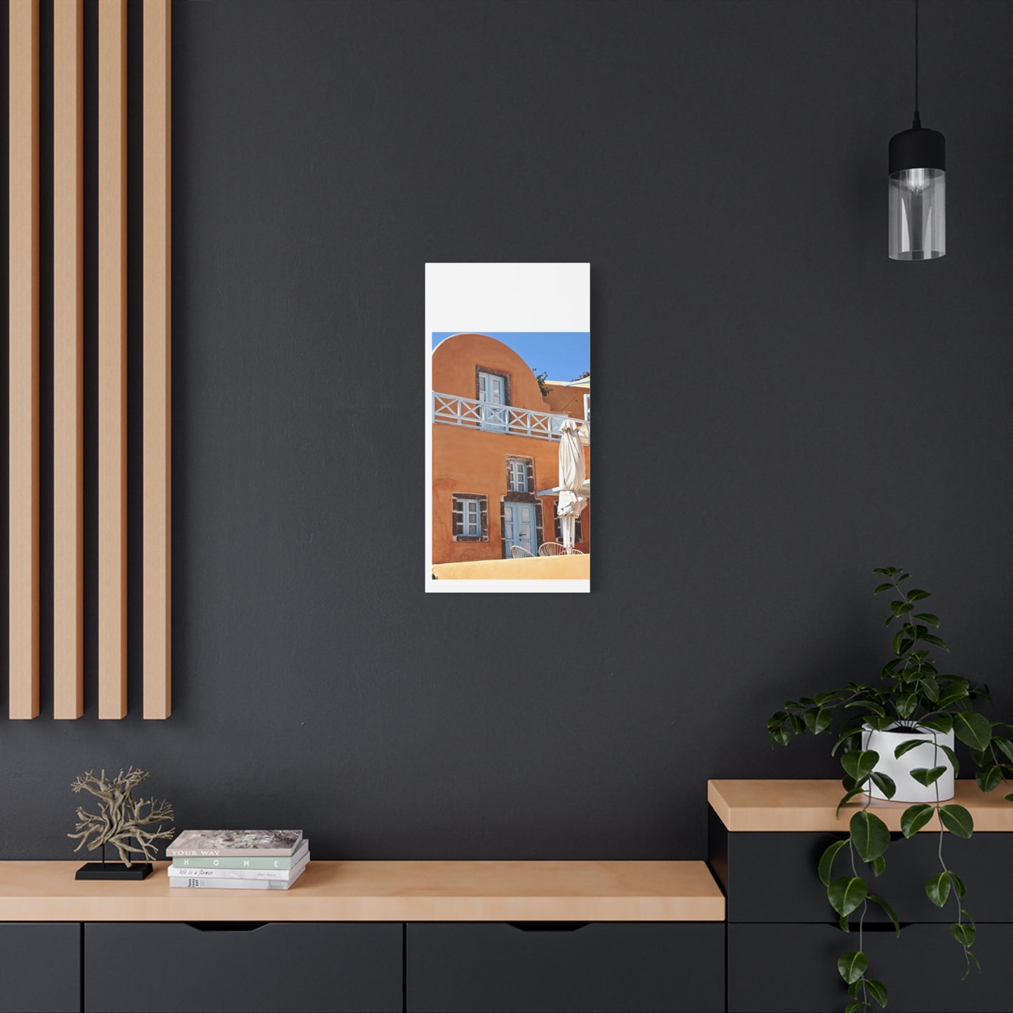 Oia Santorini Orange Facade Canvas — Mediterranean Terracotta Matte Wall Art