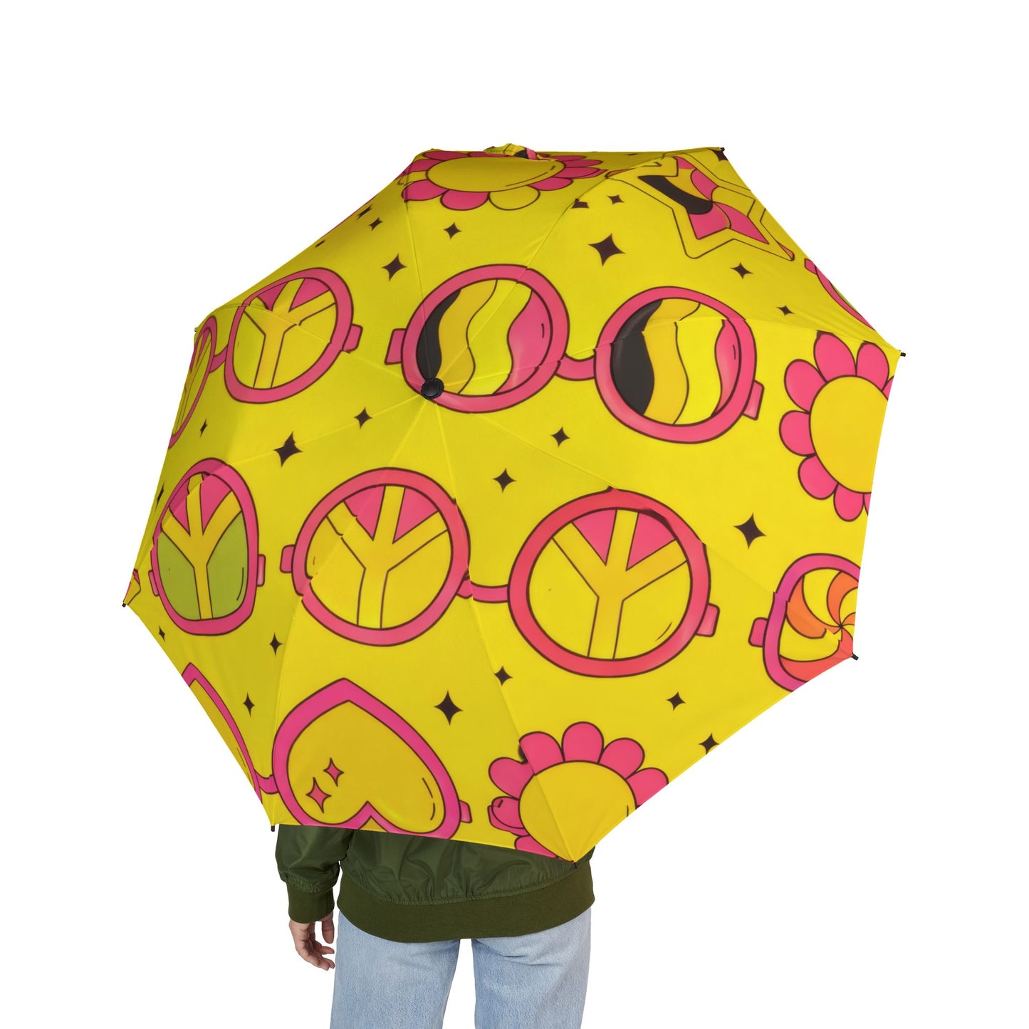 Foldable Umbrella — Bright Retro Peace & Hearts Pattern (Semi‑Automatic)