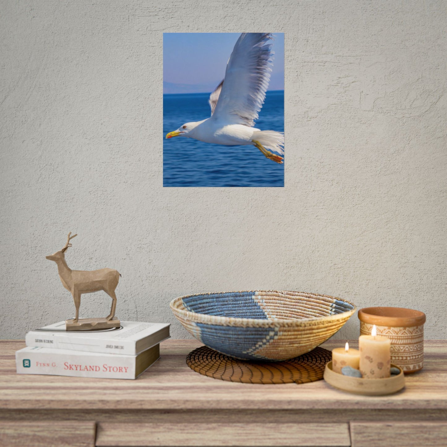 Seagull in Flight Poster, Ocean Blue Sea Wall Art, Coastal Bird Photography Print, Mediterranean Nautical Decor, Minimalist Beach House Art