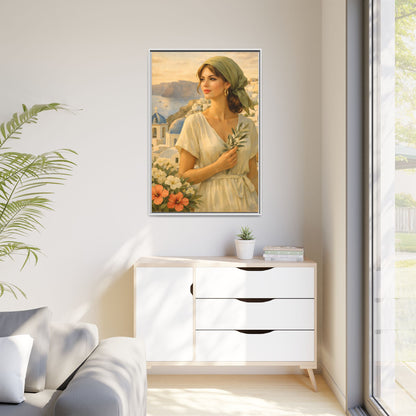 Oia Santorini Greek Woman Portrait — Romantic Vintage Framed Matte Canvas Art
