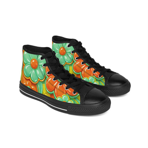 Colorful floral-patterned high-top sneakers on a white background