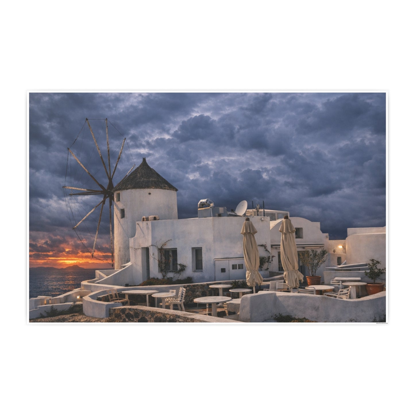 Oia Santorini Windmill Sunset Poster — Mediterranean Landscape Photo Art Print
