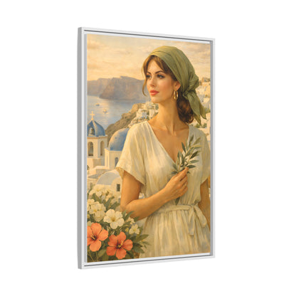 Oia Santorini Greek Woman Portrait — Romantic Vintage Framed Matte Canvas Art