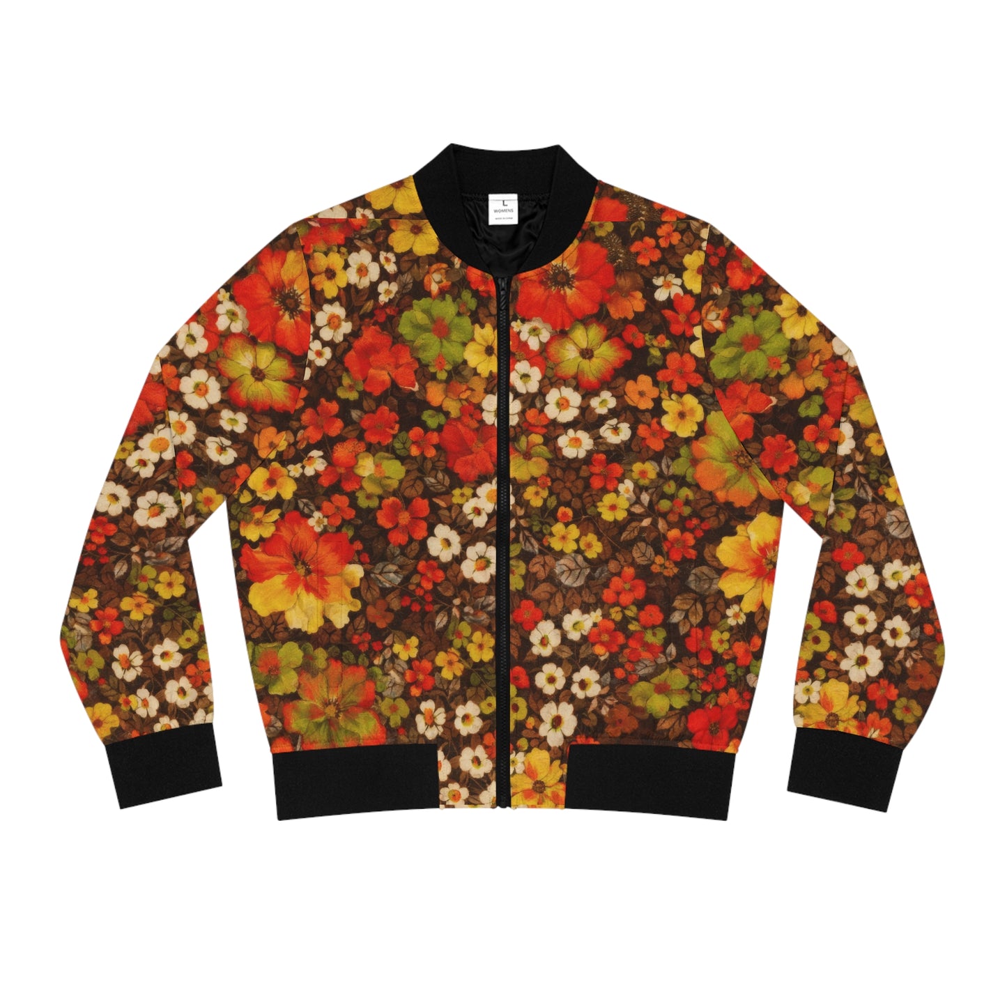 Floral Fall Bomber Jacket — Vintage Orange & Brown All-Over Print