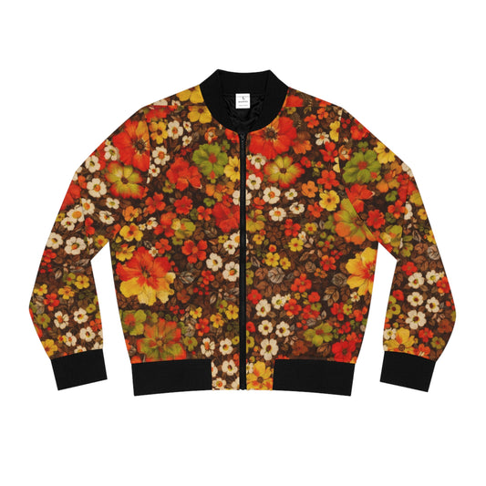 Floral Fall Bomber Jacket — Vintage Orange & Brown All-Over Print