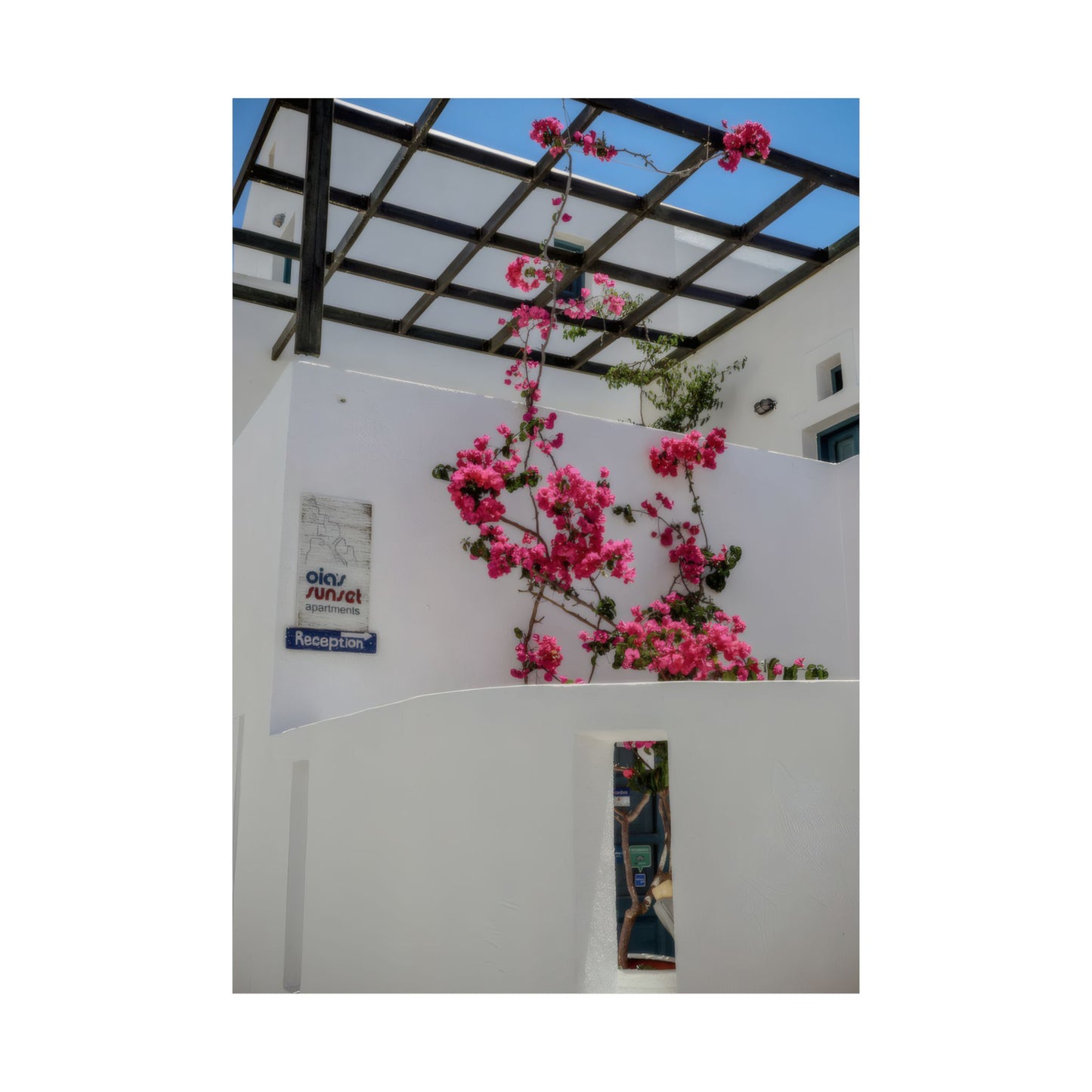 Santorini Bougainvillea Poster, Oia Greece White Architecture Art, Mediterranean Floral Wall Decor, Greek Island Photography Print Art Decor