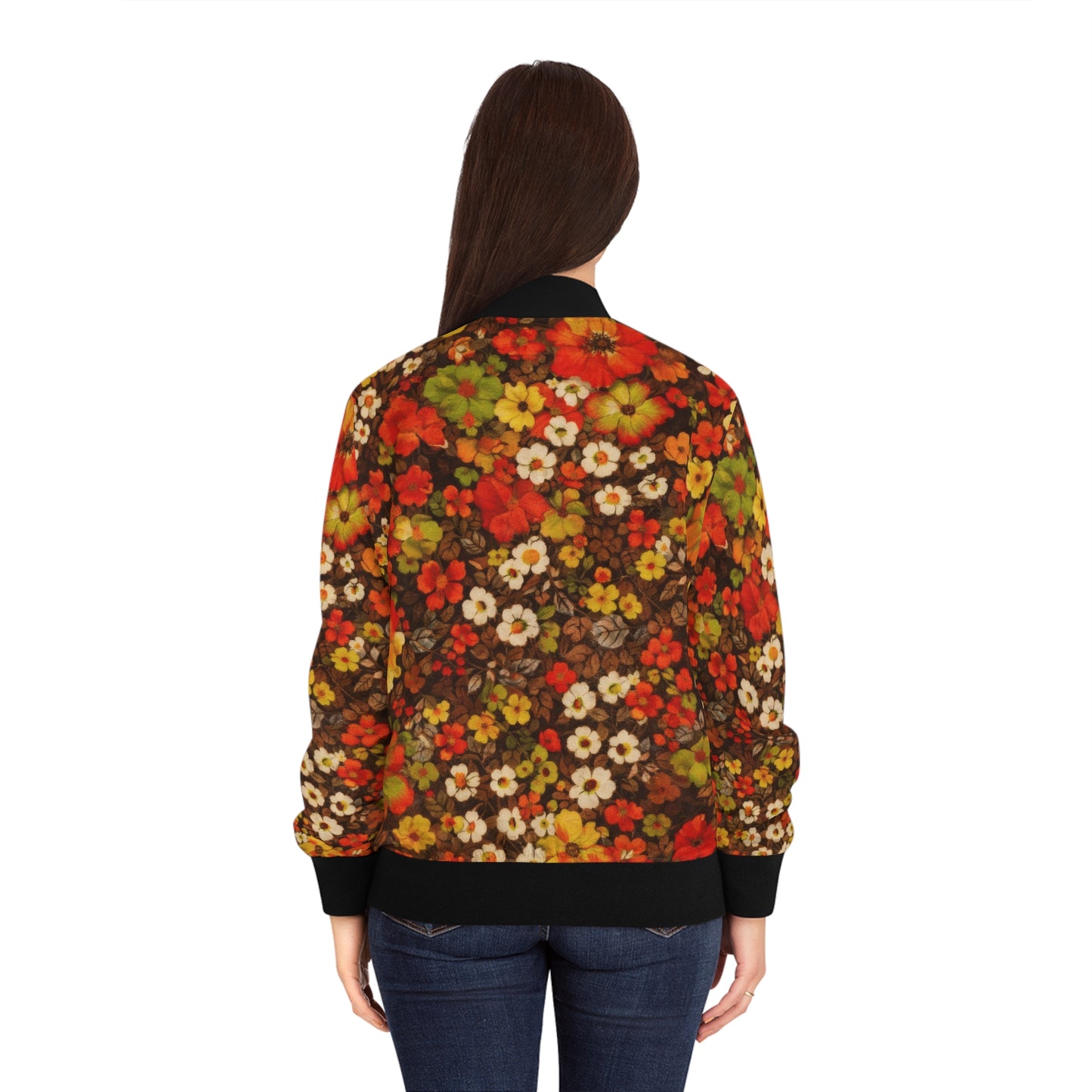 Floral Fall Bomber Jacket — Vintage Orange & Brown All-Over Print