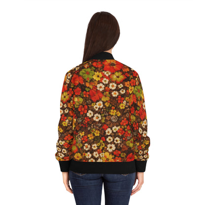 Floral Fall Bomber Jacket — Vintage Orange & Brown All-Over Print
