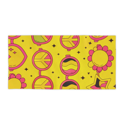Retro Peace & Love Beach Towel — Yellow Floral Heart Paisley Pattern