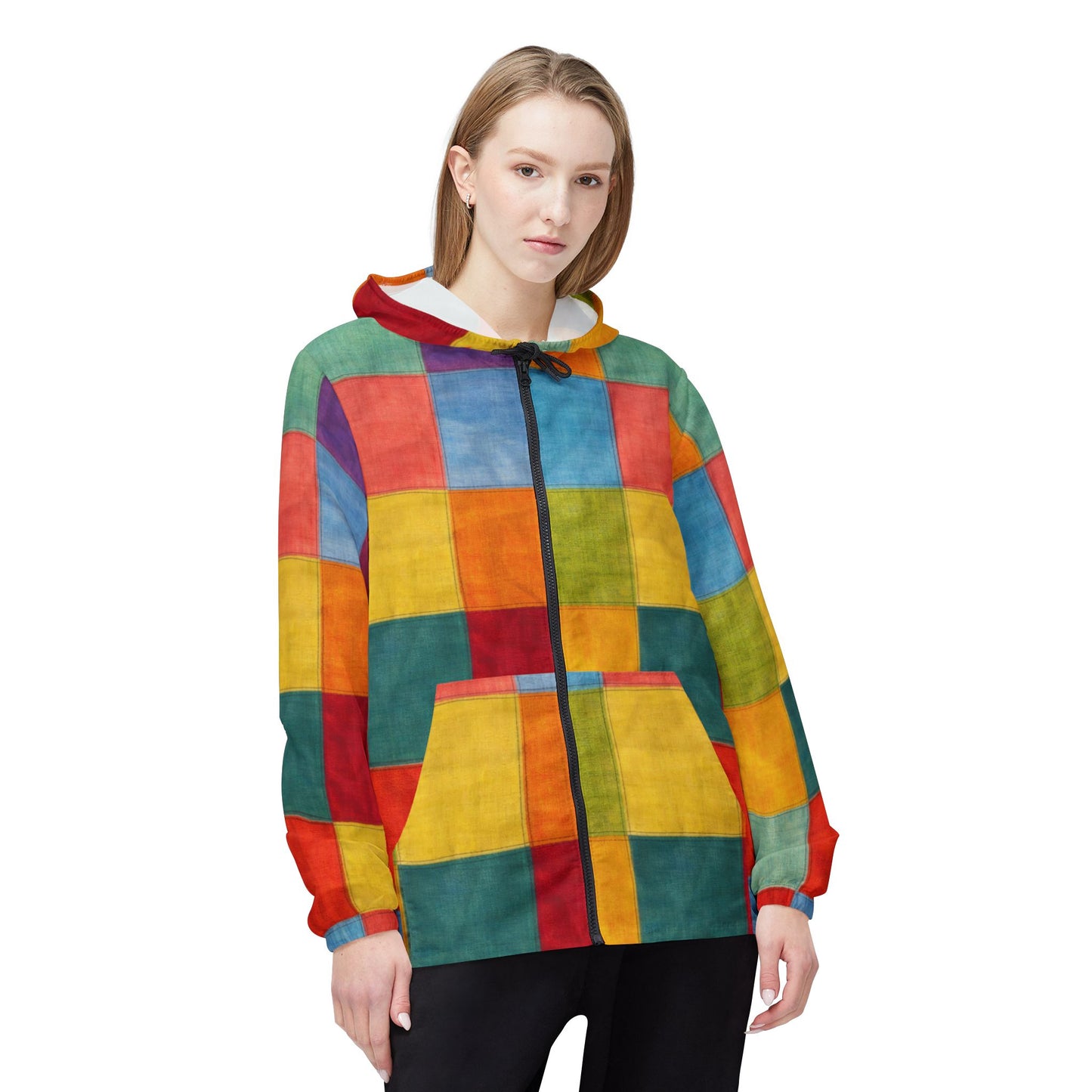 Colorblock Checkerboard Windbreaker Jacket — Vibrant Rainbow AOP Hoodie