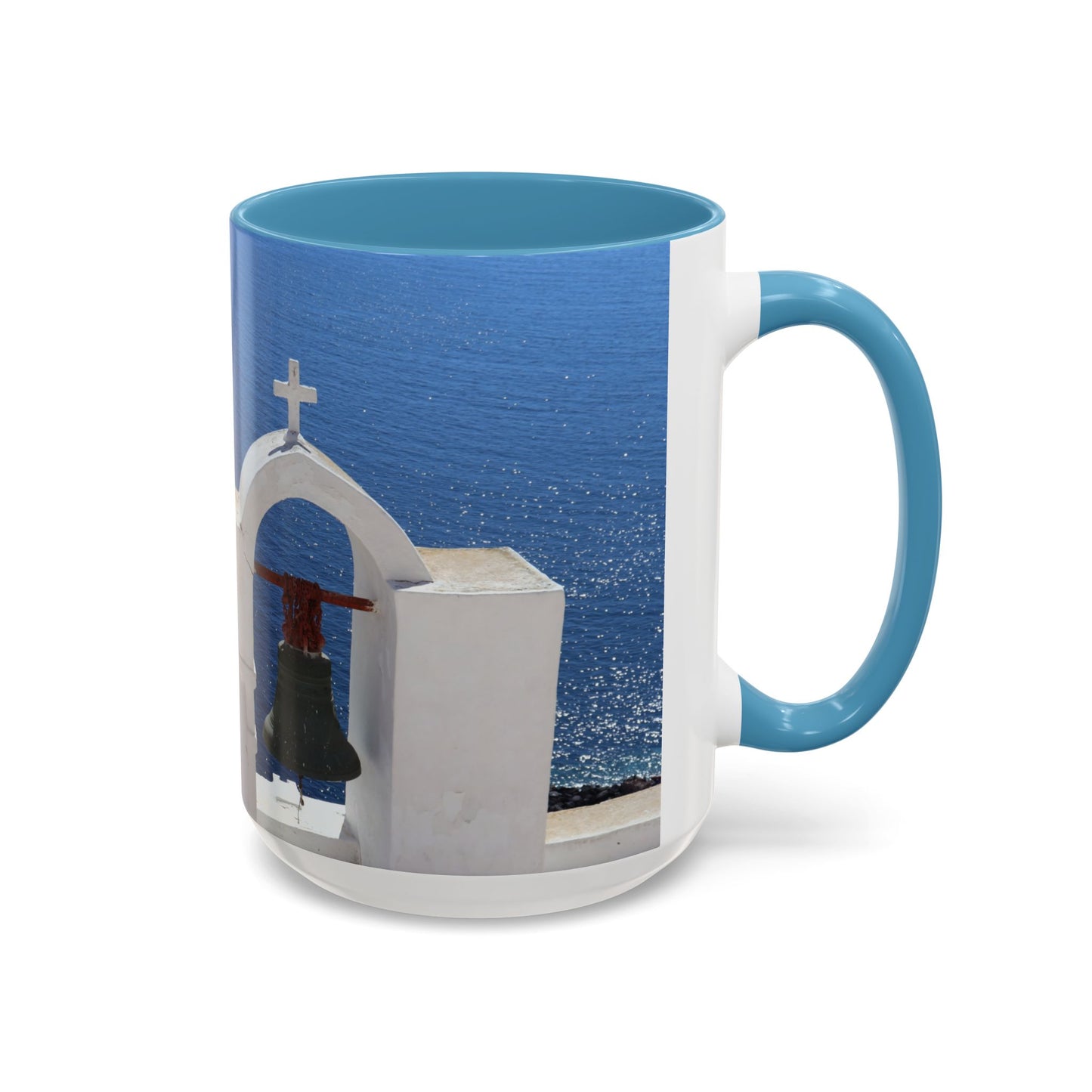 Santorini Bell Towers coffee mug | Greek island scene, blue sea accent mug