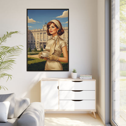 Elegant vintage woman drinking coffee in front of Royal Palace in Madrid Canvas Framed Wall Art