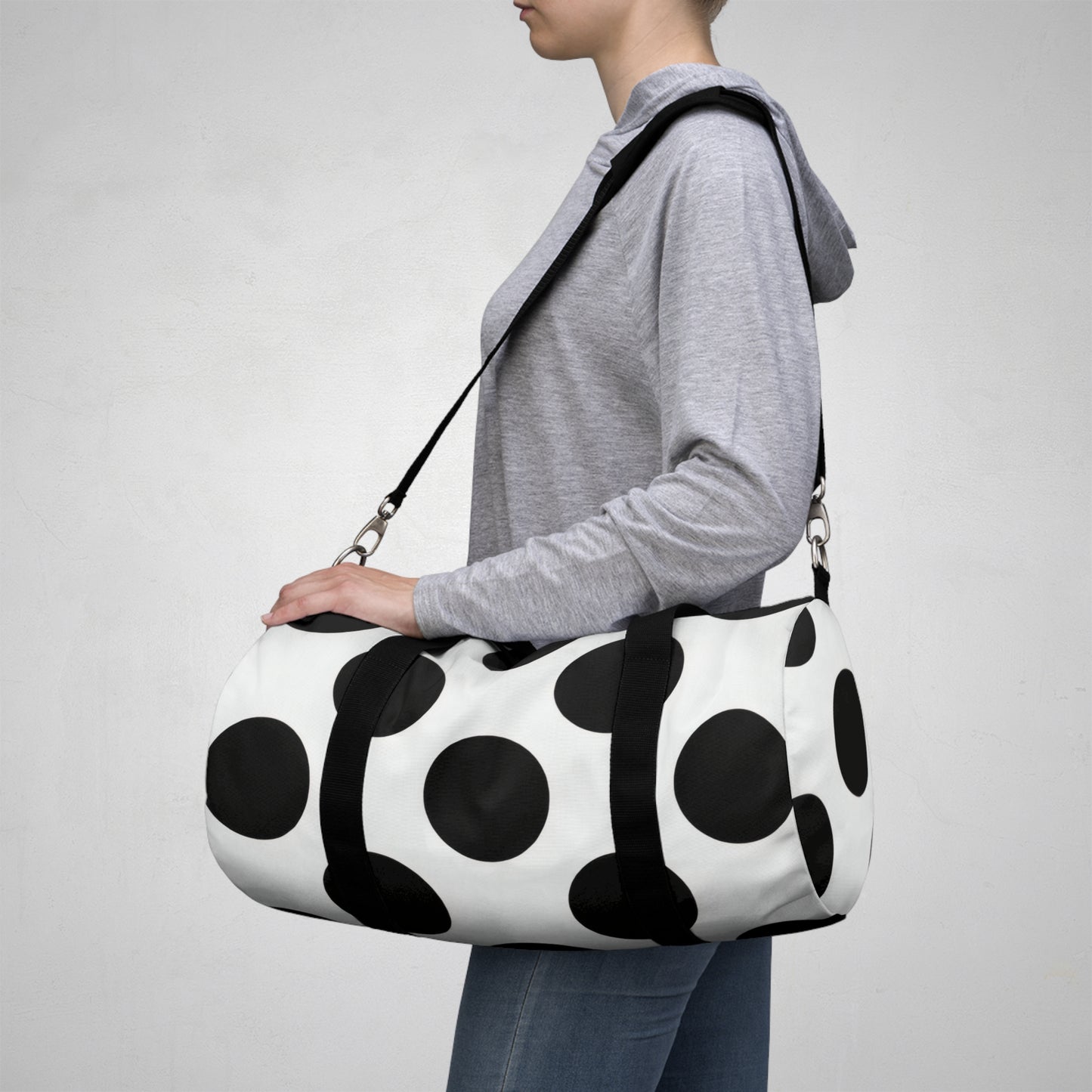 Black Polka Dot Duffel Bag — Retro Travel & Gym Tote