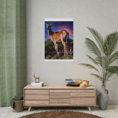 Majestic Deer Sunset Poster, Wild Doe and Fawn Nature Art, Purple Sky Wildlife Photography, Aesthetic Forest Wall Decor