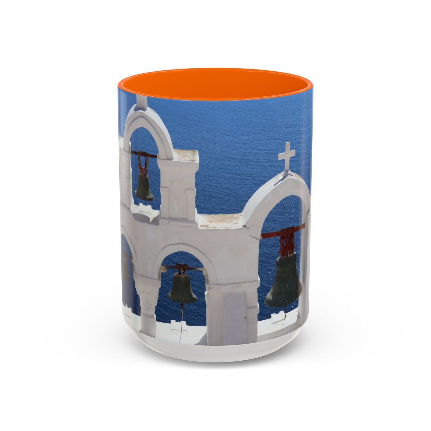Santorini Bell Towers coffee mug | Greek island scene, blue sea accent mug