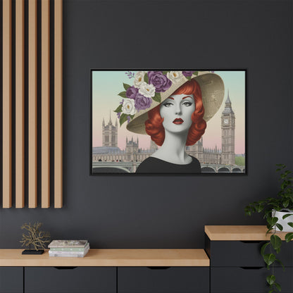 Elegant vintage pop art woman in front of Big Ben in London Matte Framed Canvas