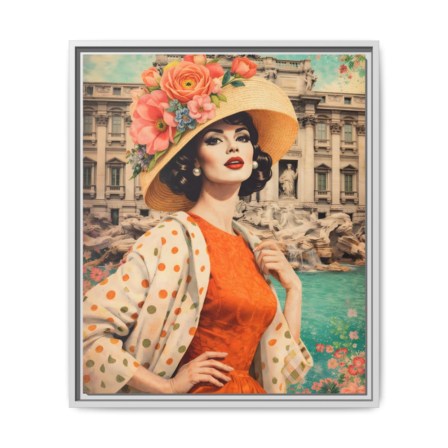 Elegant glamorous vintage woman in Rome front of Trevi Fountain, retro Italian travel fashion illustration,Framed Matte Canvas Art