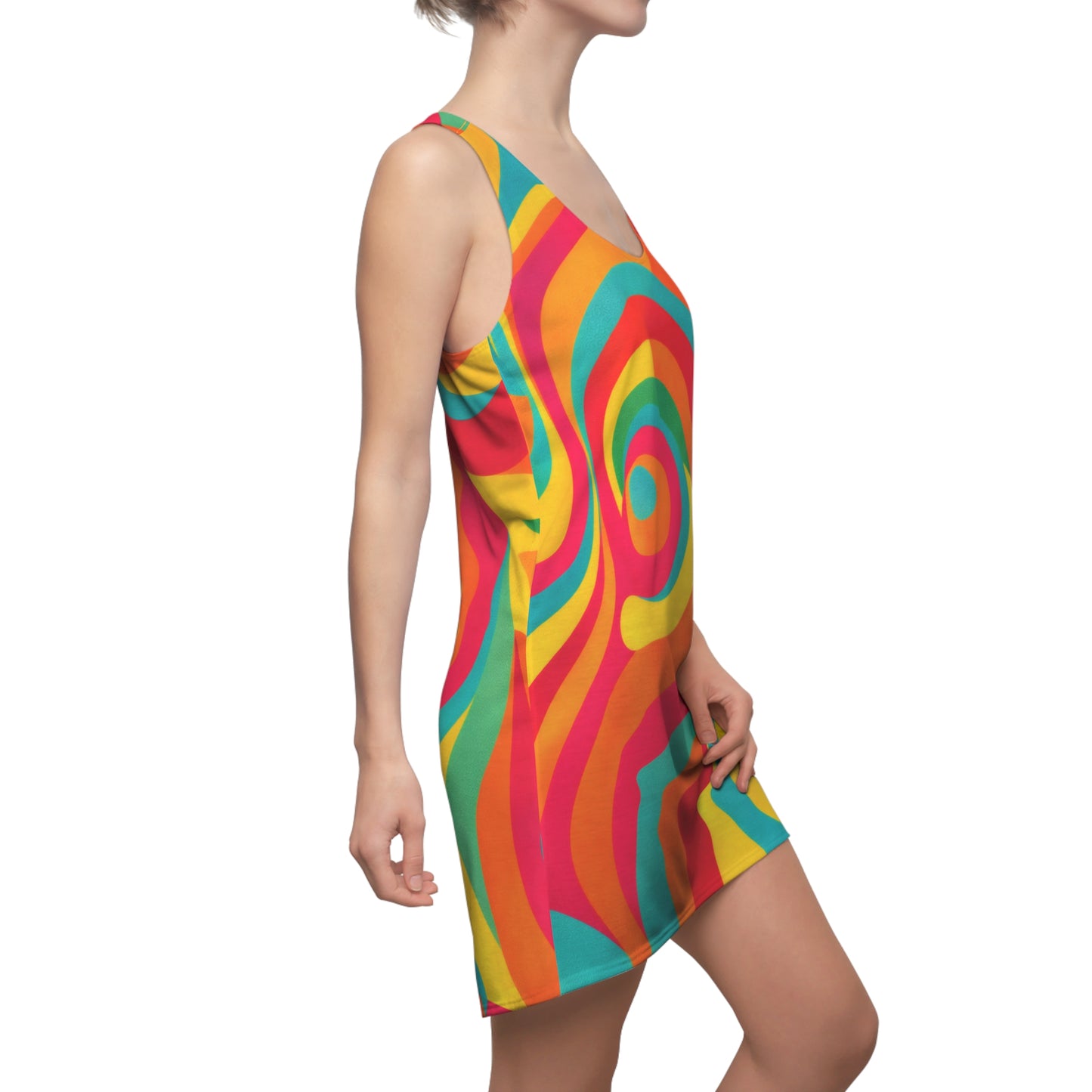 Psychedelic Swirl Racerback Dress — Vibrant Retro Rainbow AOP