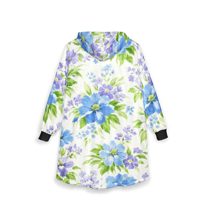 Floral Hoodie — Blue & Lavender Watercolor Flowers, Cozy Oversized Wearable Throw