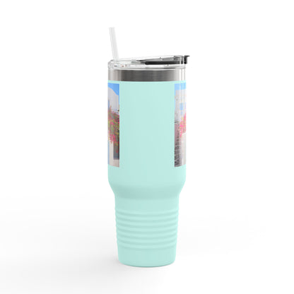 Oia Santorini Blue Door Travel Mug — 40oz Insulated Tumbler Greek Gift
