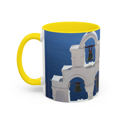 Santorini Bell Towers coffee mug | Greek island scene, blue sea accent mug