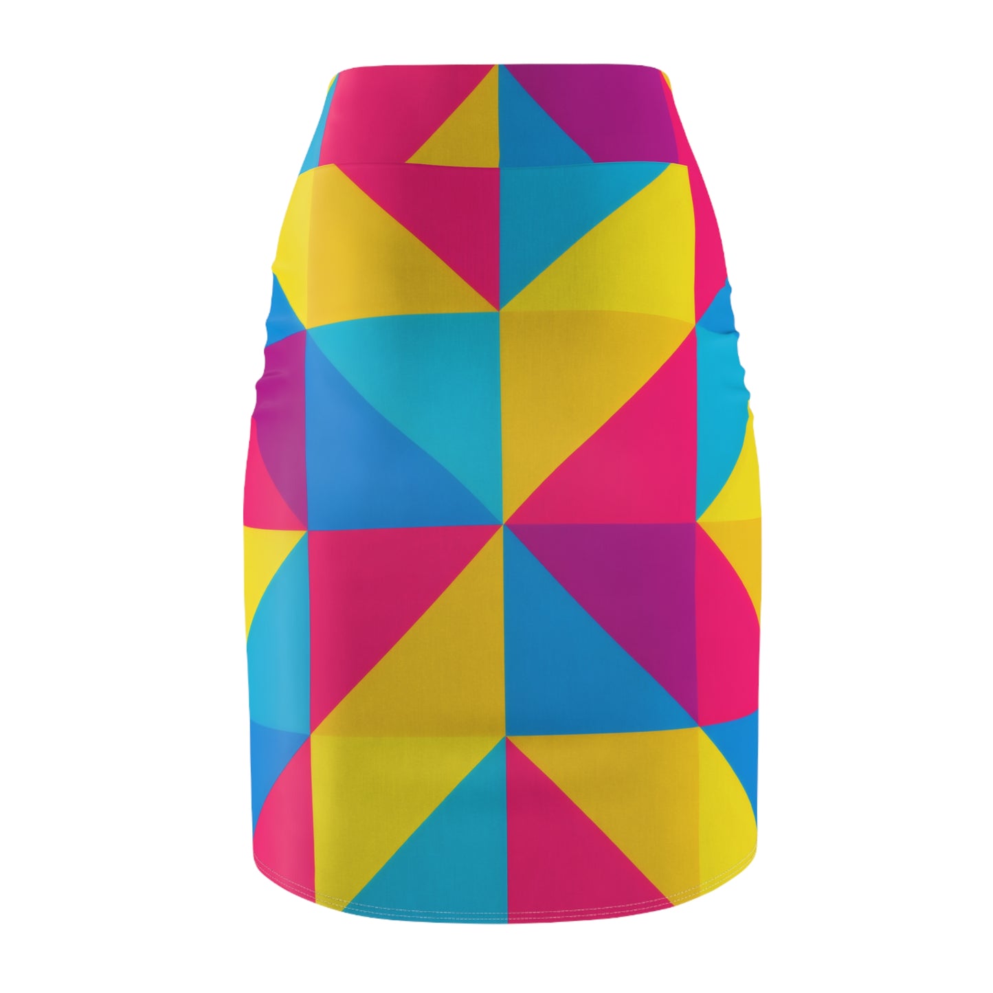 Geometric Colorblock Pencil Skirt — Neon Pink, Yellow & Cyan AOP