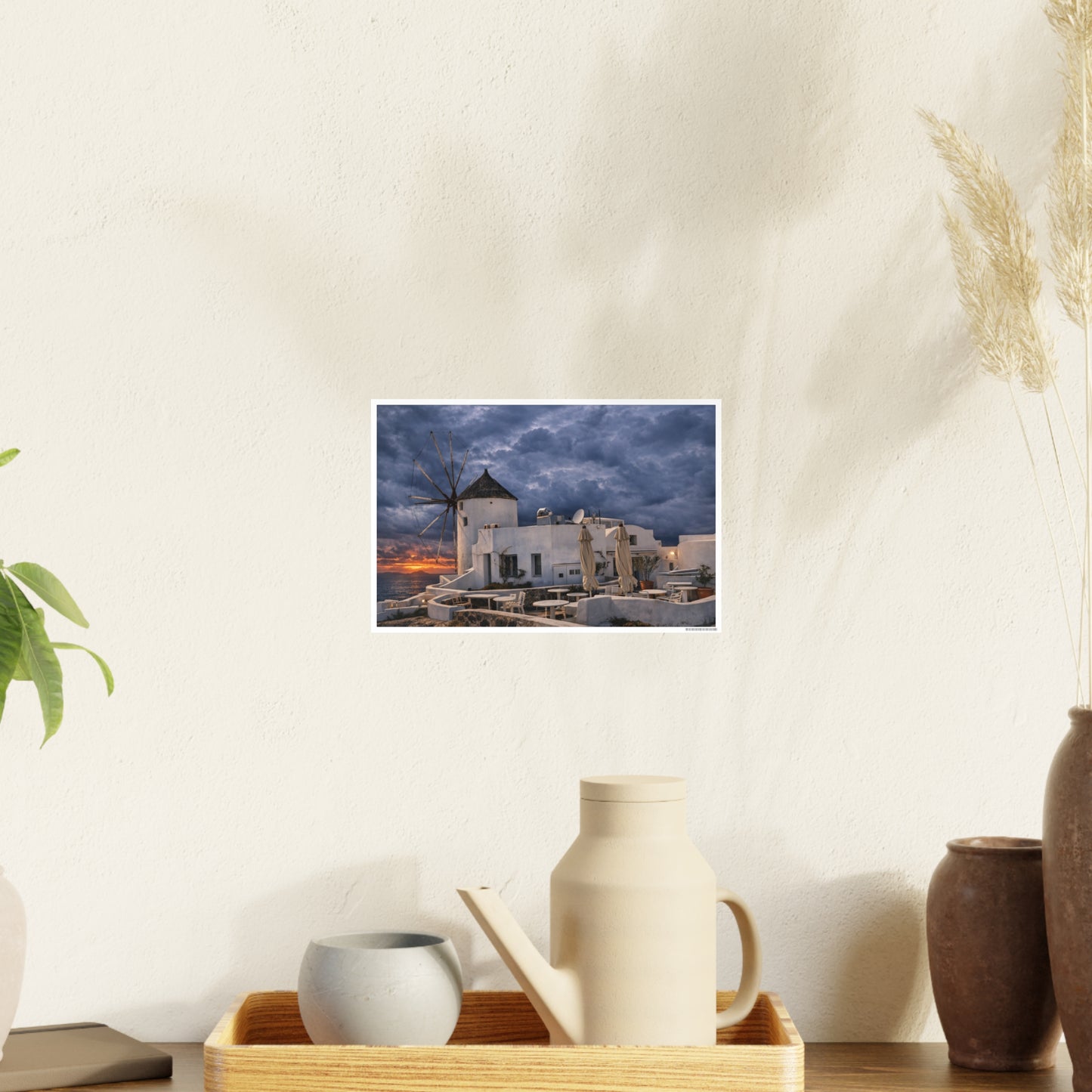Oia Santorini Windmill Sunset Poster — Mediterranean Landscape Photo Art Print