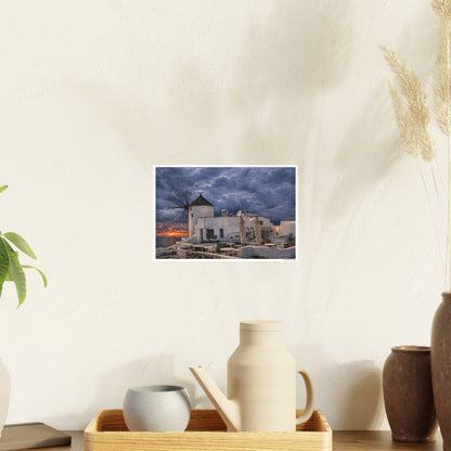 Oia Santorini Windmill Sunset Poster — Mediterranean Landscape Photo Art Print