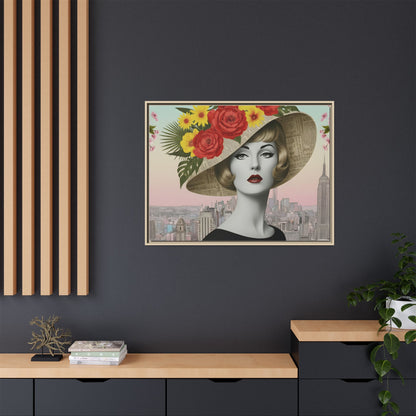 Blonde Lady with Floral Hat in New York — Vintage Pop Art Empire State Framed Canvas