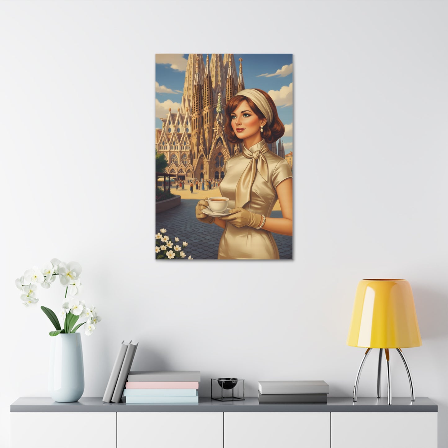 Elegant vintage woman drinking coffee in front of Sagrada Familia in Barcelona, retro fashion illustration Canvas Print - Stretched 1.5"