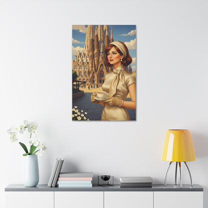 Elegant vintage woman drinking coffee in front of Sagrada Familia in Barcelona, retro fashion illustration Canvas Print - Stretched 1.5"