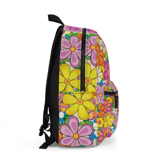 Floral Retro Daisy Backpack — Colorful 70s Flower Pattern School & Travel Bag