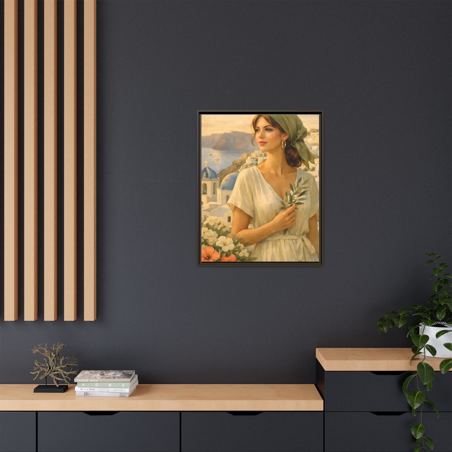 Oia Santorini Greek Woman Portrait — Romantic Vintage Framed Matte Canvas Art