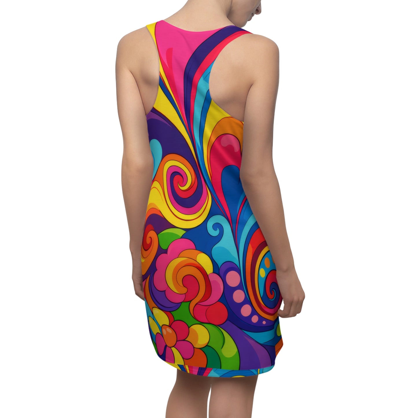 Psychedelic Floral Racerback Dress — Vibrant 70s Swirl Print