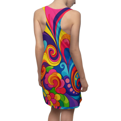Psychedelic Floral Racerback Dress — Vibrant 70s Swirl Print