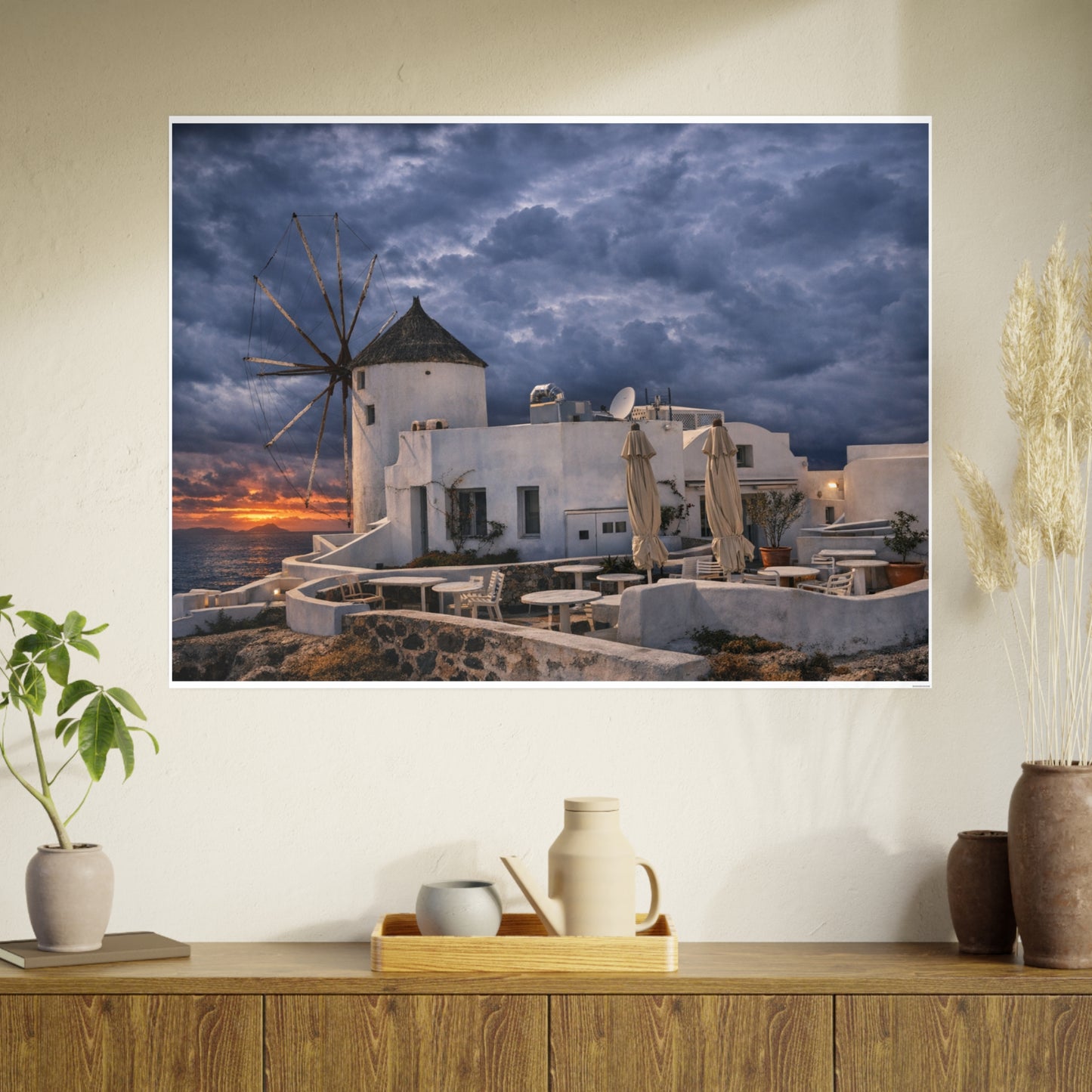 Oia Santorini Windmill Sunset Poster — Mediterranean Landscape Photo Art Print
