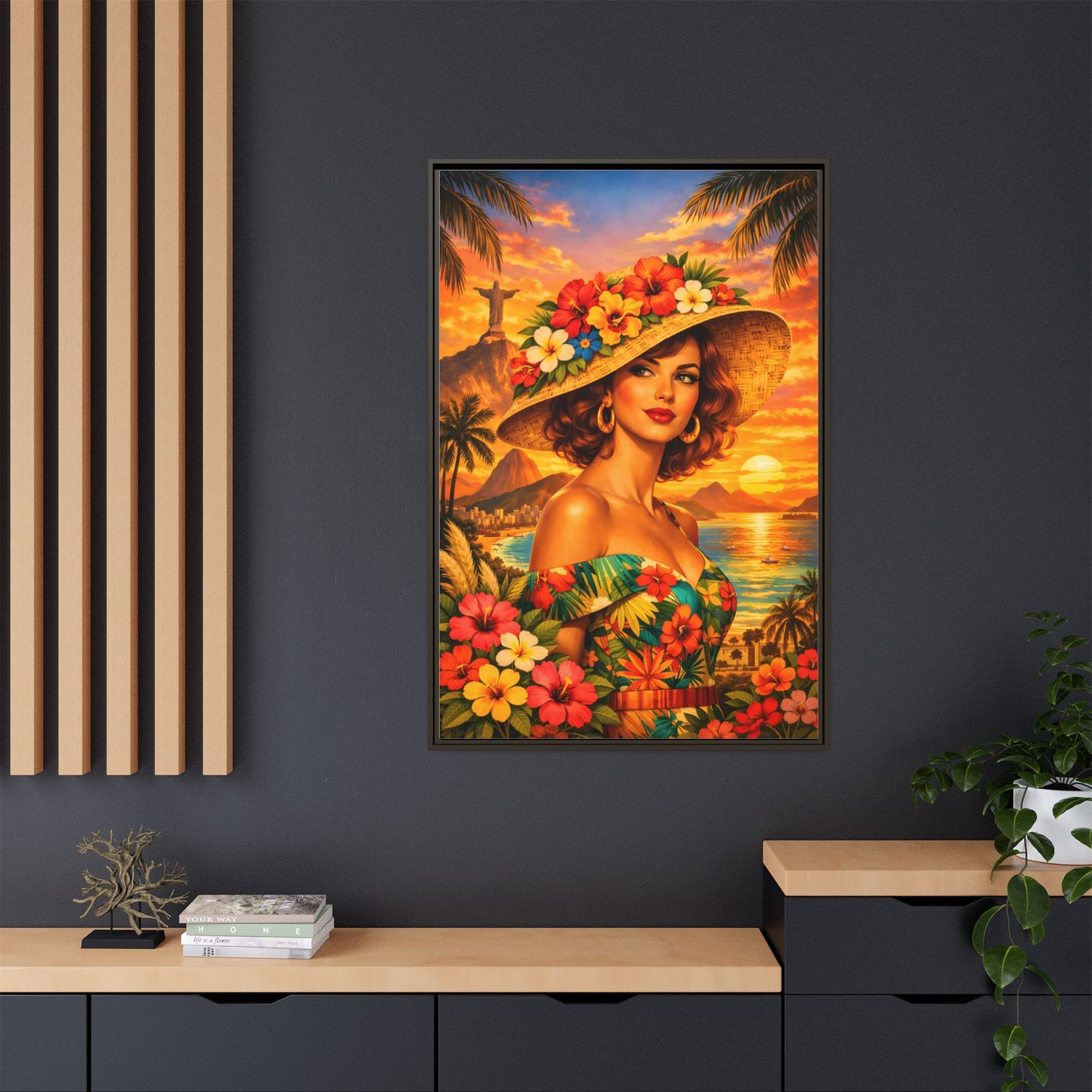 Elegant glamorous vintage woman in Rio de Janeiro front of Christ the Redeemer statue, retro Brazilian travel fashion illustration Canvas — Framed