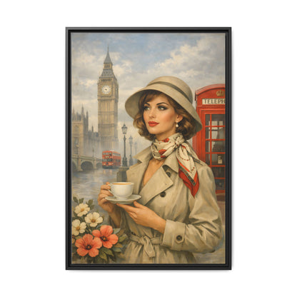 Elegant vintage woman drinking tea in front of Big Ben in London, retro British travel fashion illustration Matte Canvas