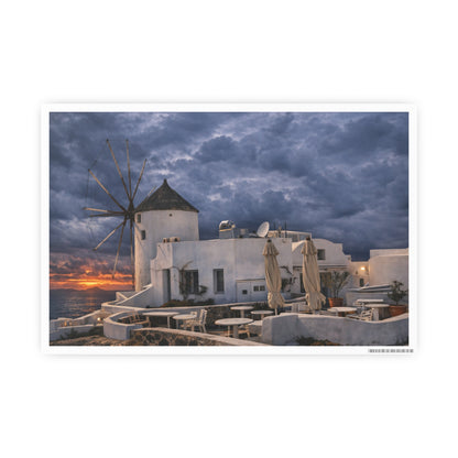 Oia Santorini Windmill Sunset Poster — Mediterranean Landscape Photo Art Print