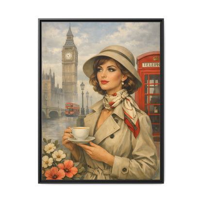 Elegant vintage woman drinking tea in front of Big Ben in London, retro British travel fashion illustration Matte Canvas