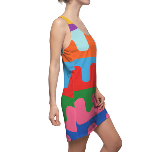 Colorful Retro Block Pattern Racerback Dress — Bold Geometric AOP Summer Dress