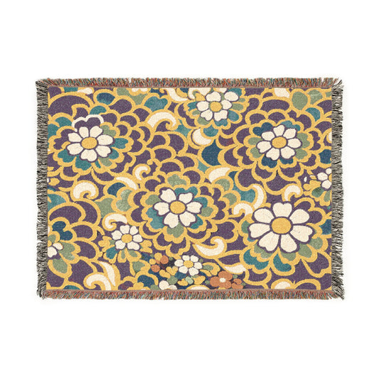 Retro Floral Woven Blanket | Vintage Flower Pattern Throw